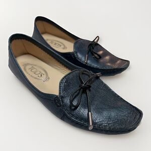 TOD'S Gommino Blue Green Snake Print Leather Driving Loafers Shoes 37 US 6.5